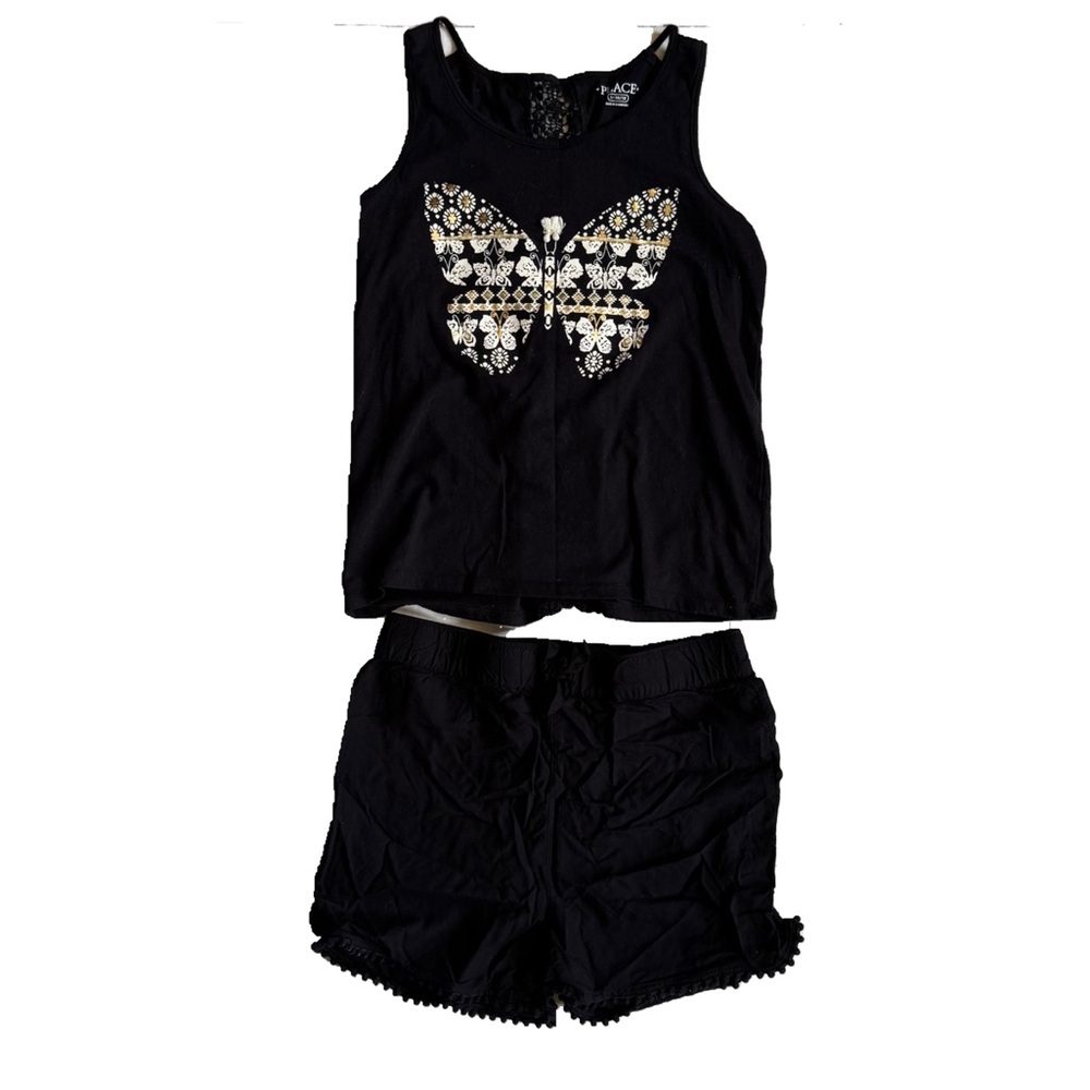 Children’s Place Black Matching Romper Set with Gold and Silver Butterfly Design